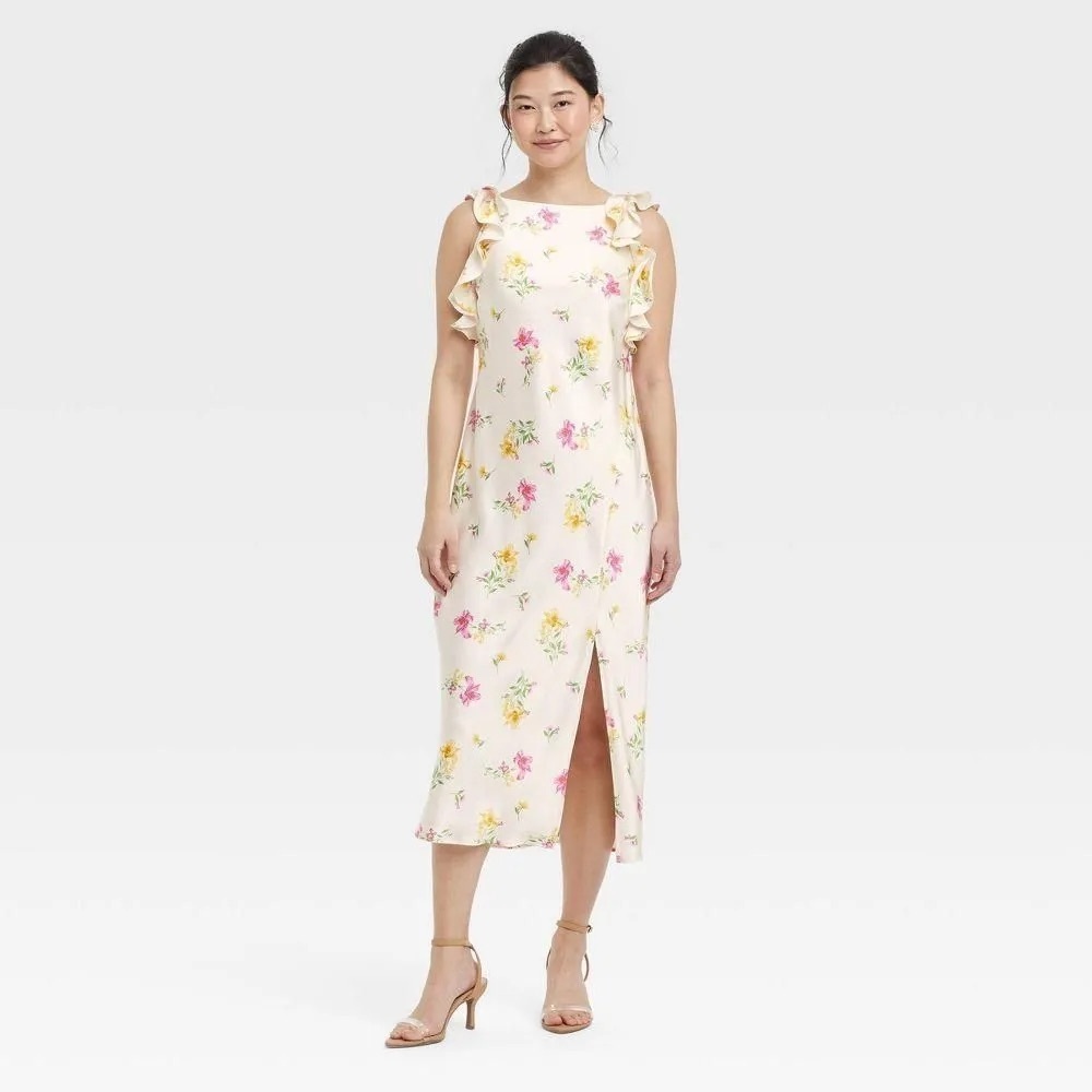 a new day Cream Floral Midi Dress Size M Women